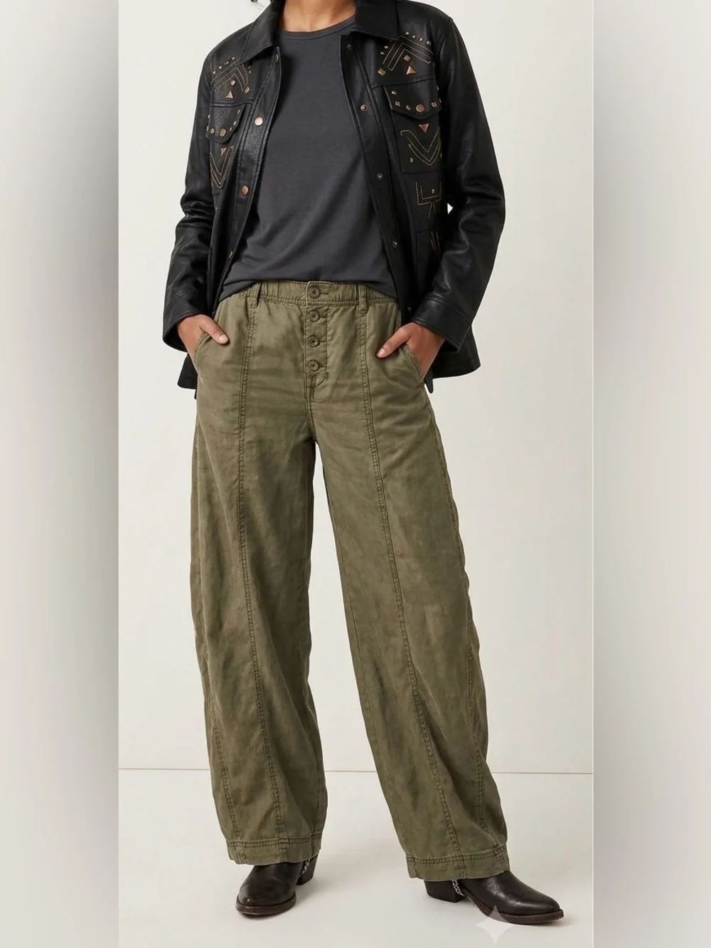 Free People Sylvie Green Barrel High Rise Pants - Picture 1 of 8